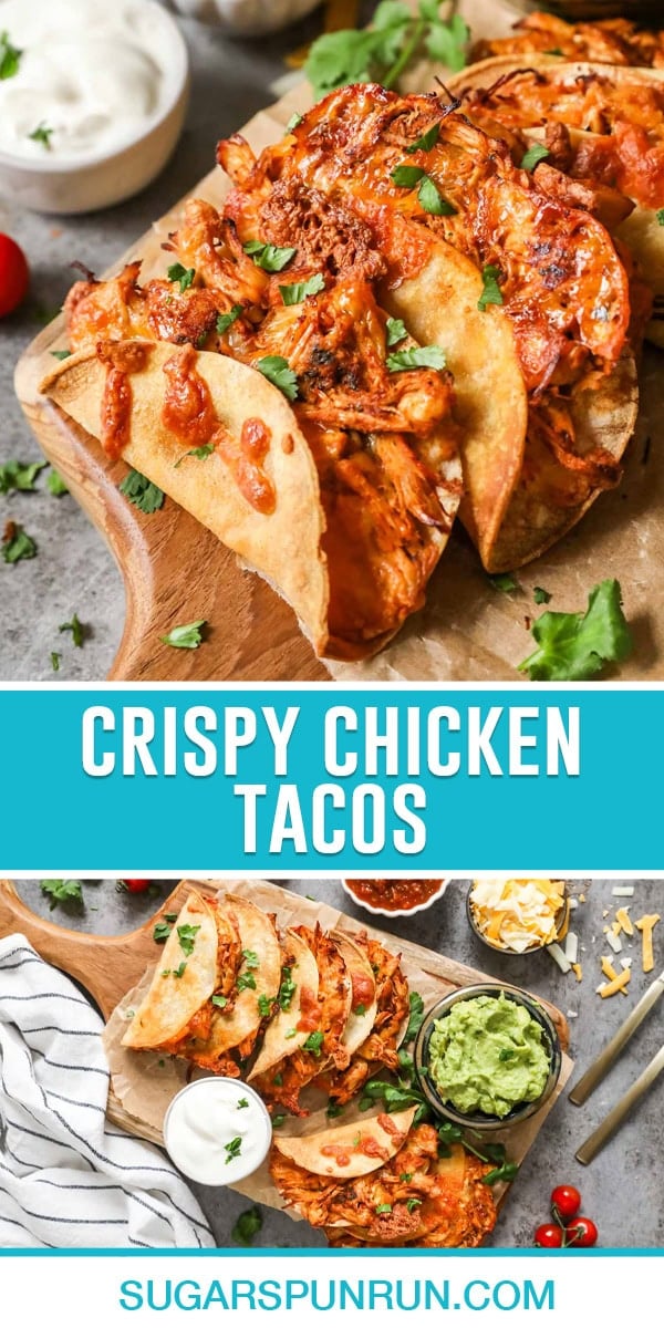 collage of crispy chicken tacos, top image is a close up of three tacos cooked, bottom image is a photograph of multipl tacos on wood slab photographed from above