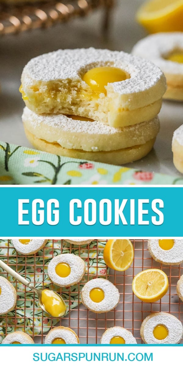collage of egg cookies, top image of two egg cookies stacked top cookie with bite taken out, bottom image of multiple cookies on cooling rack photographed from above