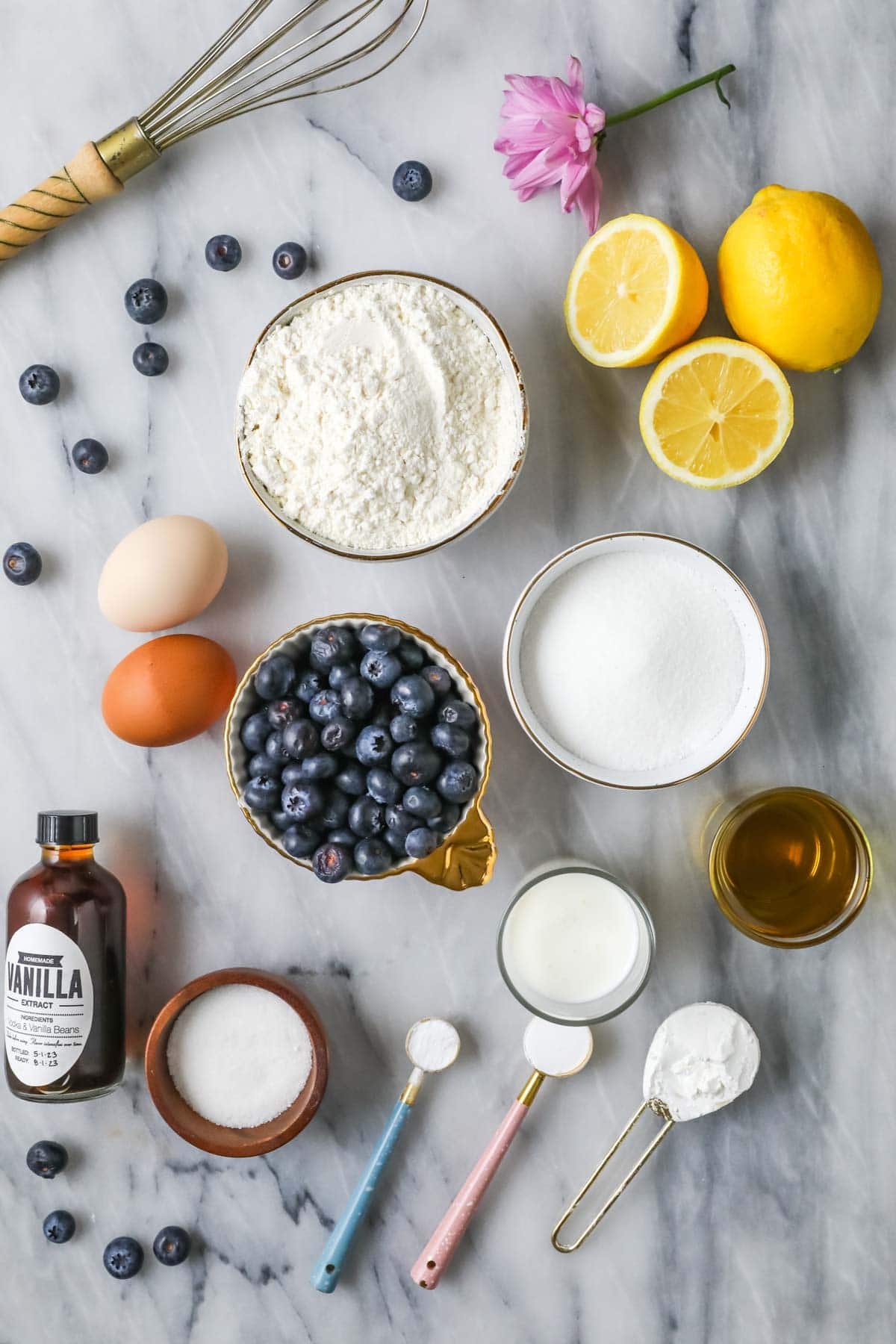 Overhead view of ingredients including blueberries, lemons, vanilla, and more.