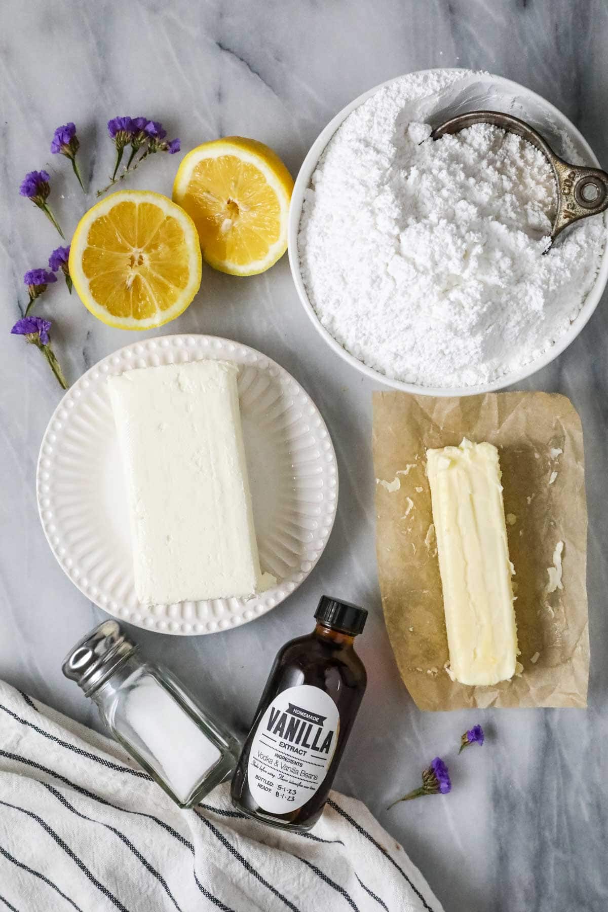 Ingredients needed for lemon cream cheese frosting
