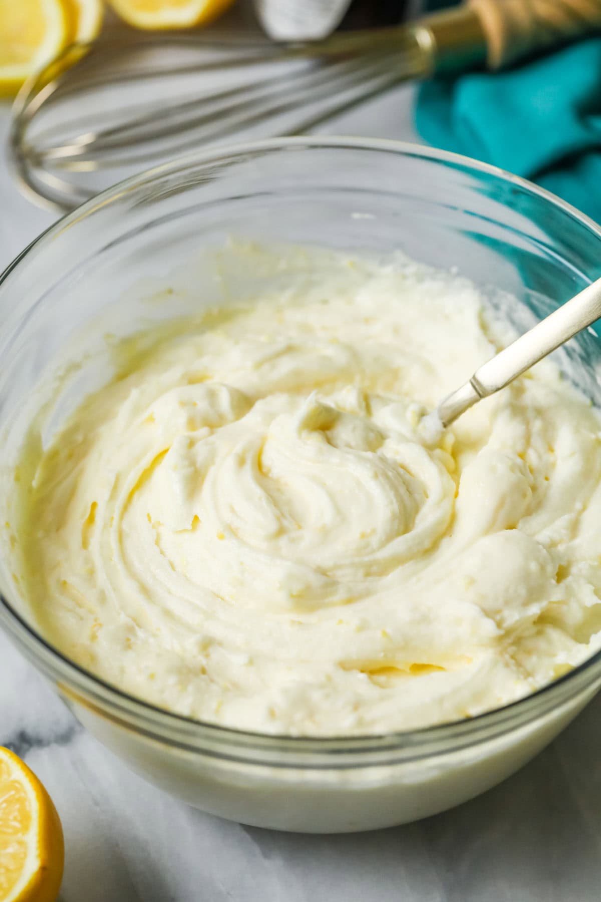 Bowl of lemon cream cheese frosting.