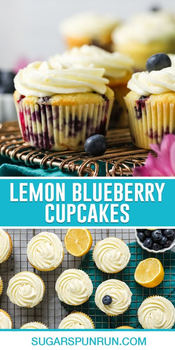 collage of lemon blueberry cupcakes, top image is a close up of multiple cupcakes frosted, bottom image of multiple cupcakes frosted and photographed from above