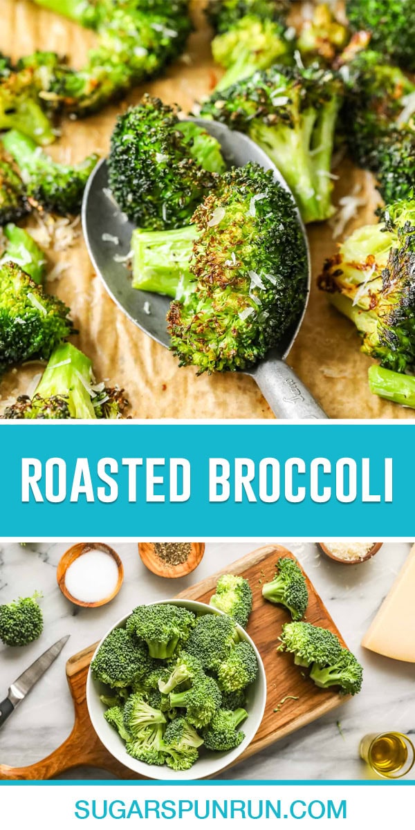 collage of roasted broccoli, top image is a close up of roasted broccoli in metal spoon, bottom image of broccoli being prepped on wood cutting board