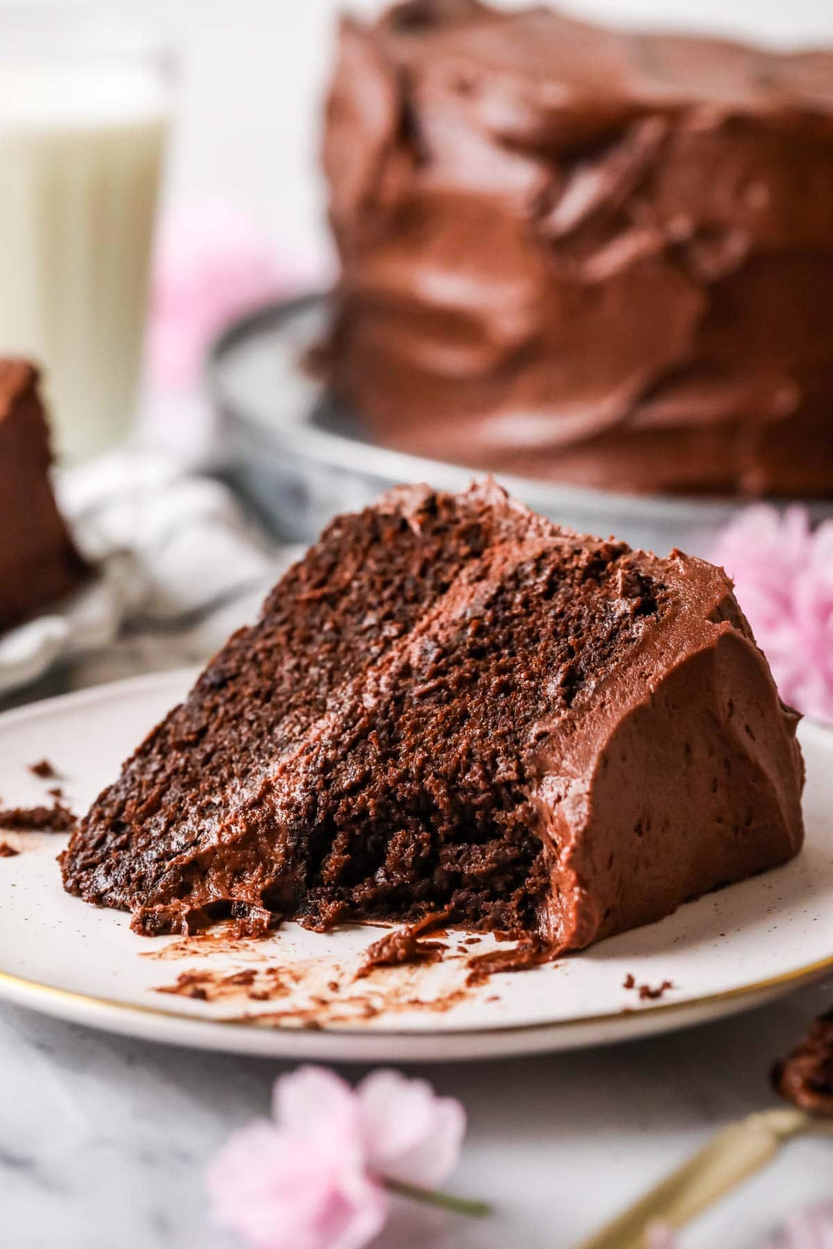 Slice of sourdough chocolate cake with a bite missing. 
