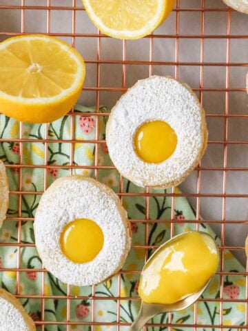 Overhead view of egg cookies made with lemon curd on a cooling rack.