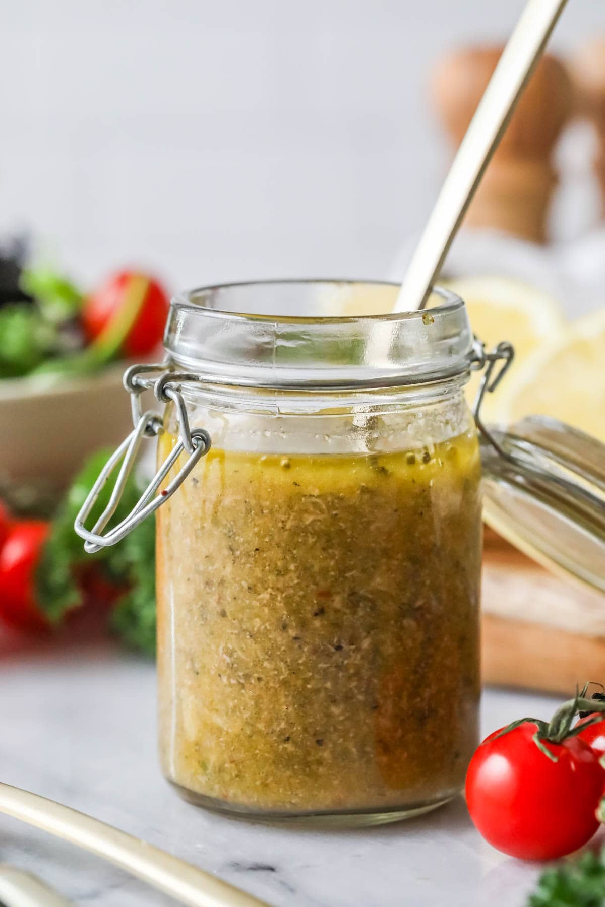 Jar of Italian dressing made from a homemade Italian dressing recipe.