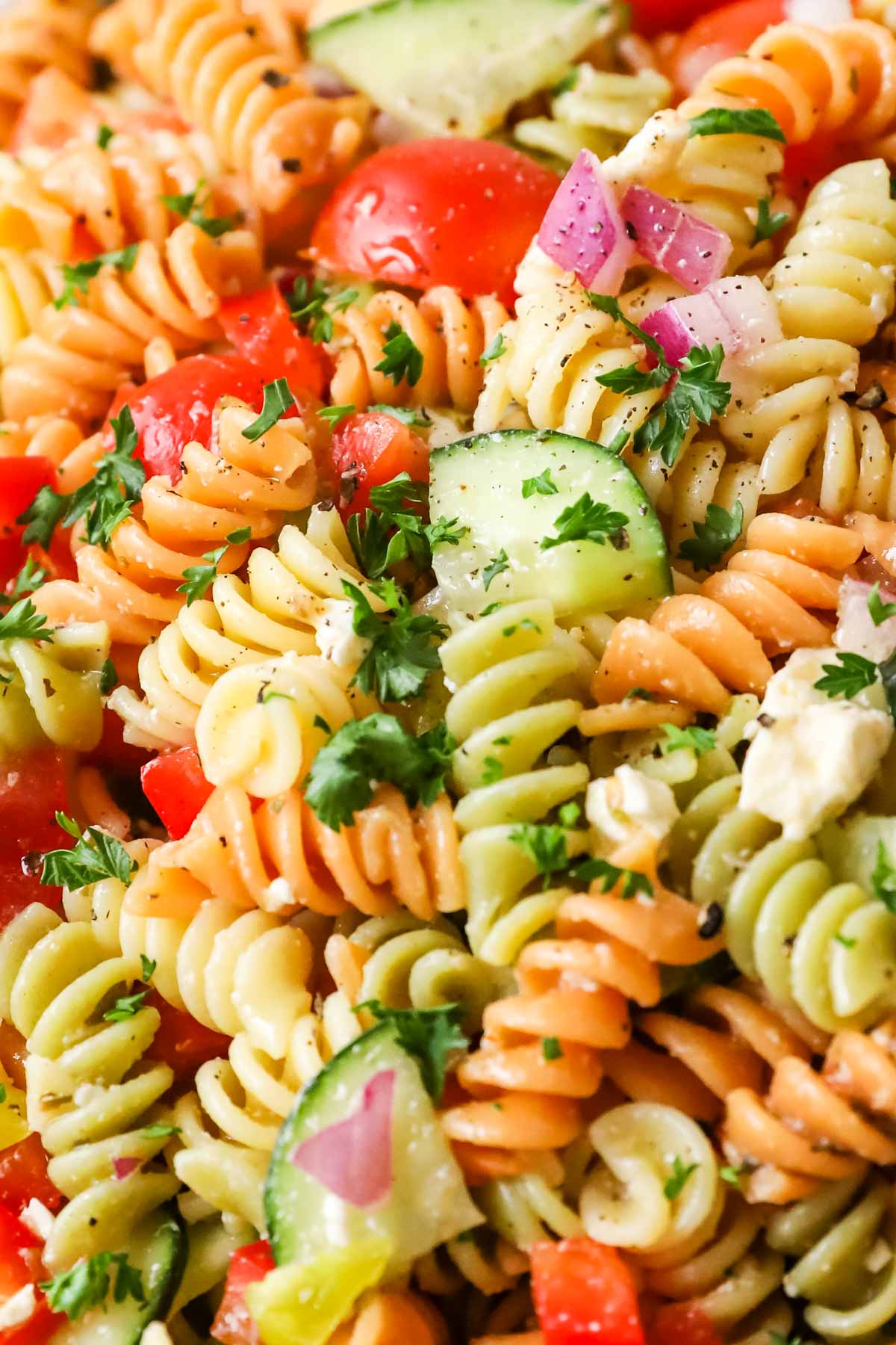Close-up view of pasta, feta cheese, diced veggies, and parsley.