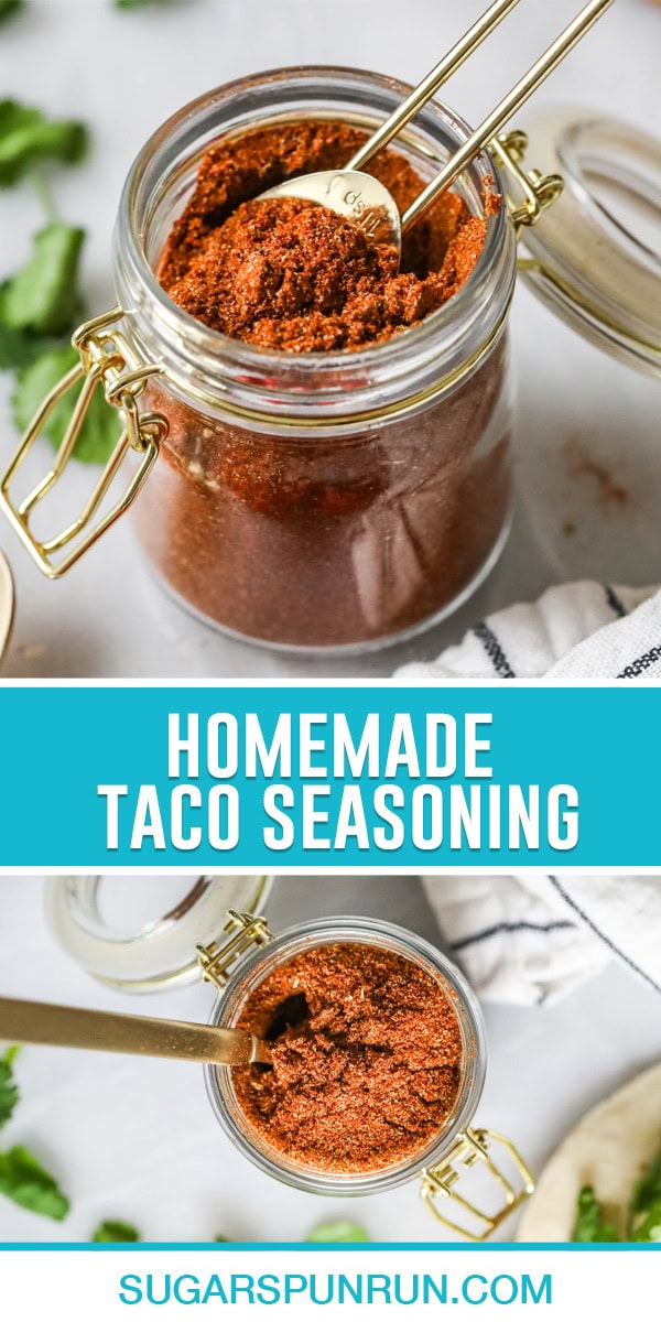 collage of homemade taco seasoning, top image is a close up of jar full of taco seasoning with gold measuring spoon inside, bottom image is a birds eye view of full jar