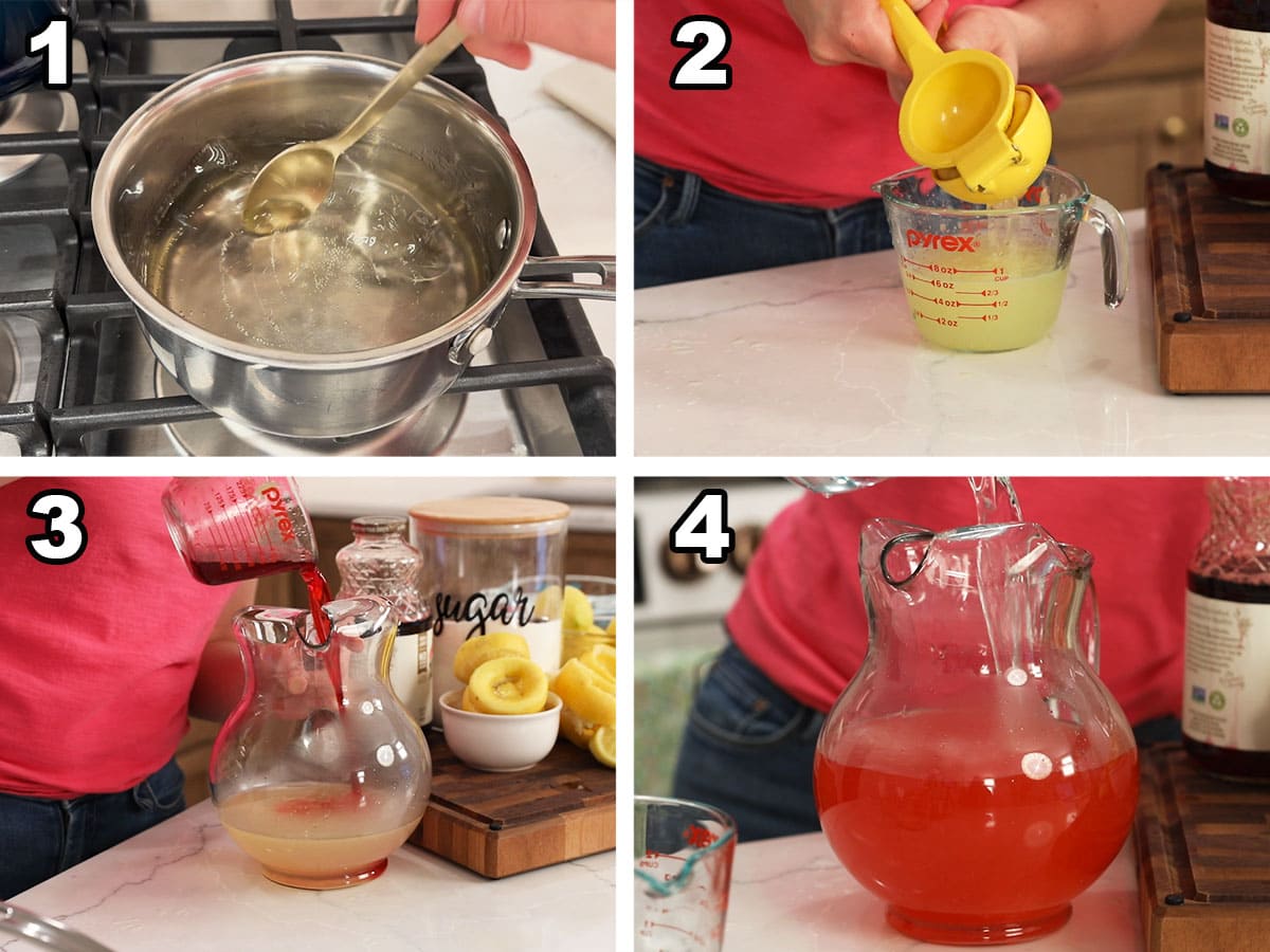 Collage of simple syrup, lemon juice, cranberry juice, and water being combined to make pink lemonade.