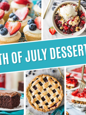 Collage of 4th of July desserts including cheesecake bites, berry crisp, coca cola cake, blueberry pie, and strawberry pretzel salad.
