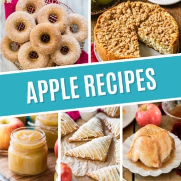Collage of apple recipes including apple cider donuts, apple pie cheesecake, applesauce, apple turnovers, and apple dumplings.