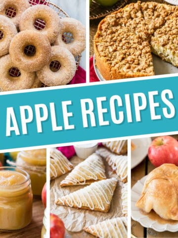 Collage of apple recipes including apple cider donuts, apple pie cheesecake, applesauce, apple turnovers, and apple dumplings.