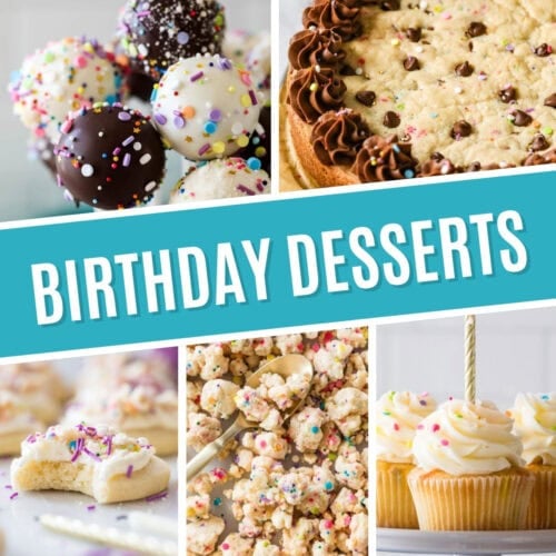 Collage of birthday desserts including cake pops, cookie cake, birthday cake cookies, confetti cake crumbs, and confetti cupcakes.