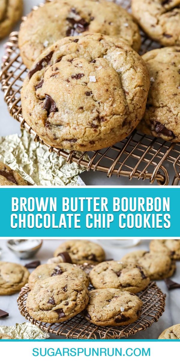 collage of brown butter bourbon chocolate chip cookies, top image is a close up of cookies, bottom image of multiple cookies on gold cooling rack neatly placed