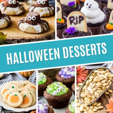 Collage of halloween desserts including spider cookies, ghost dessert shooters, pumpkin sugar cookies, witch cauldron brownie bites, and cinnamon sugar pumpkin seeds.