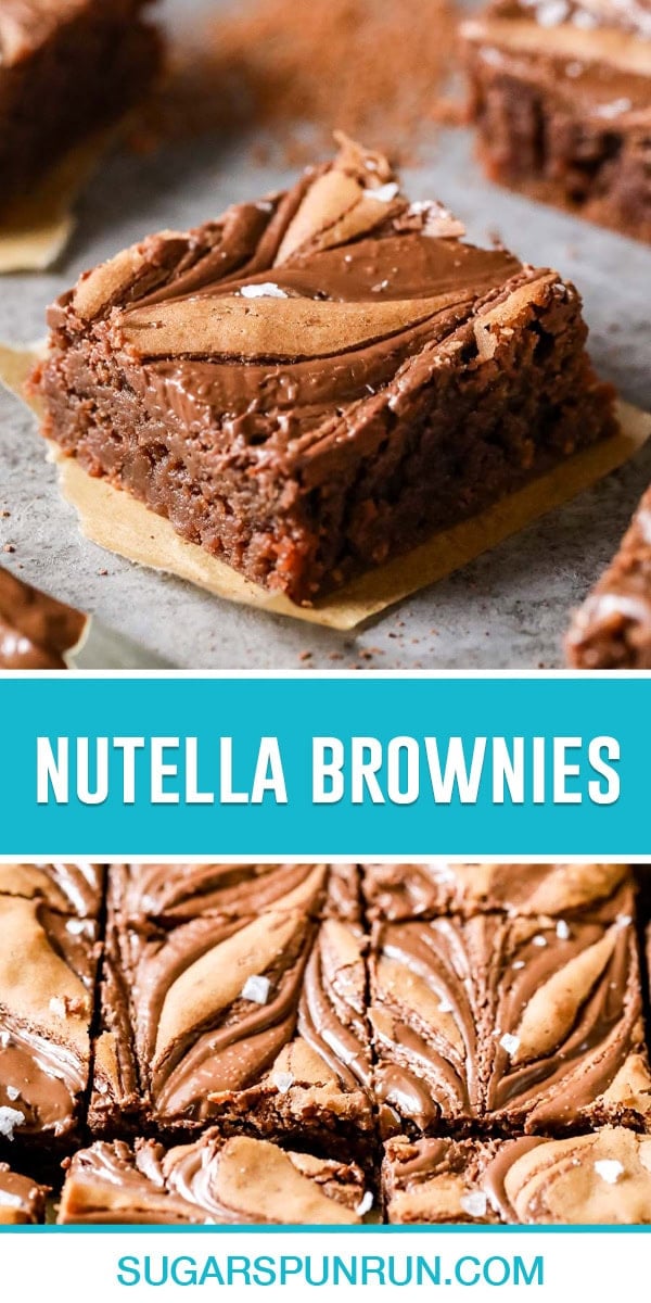 collage of nutella brownies, top image is a close up of single brownie, bottom image is a close up of sliced pan of brownies