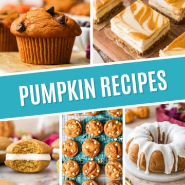 Collage of pumpkin recipes including pumpkin muffins, pumpkin cheesecake bars, pumpkin whoopie pies, pumpkin cheesecake cookies, and pumpkin bundt cake.