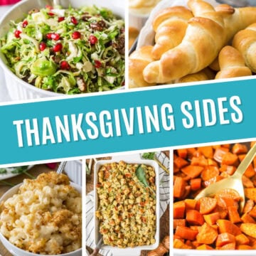 Collage of Thanksgiving sides including brussels sprouts salad, crescent rolls, baked macaroni and cheese, stuffing, and candied yams.