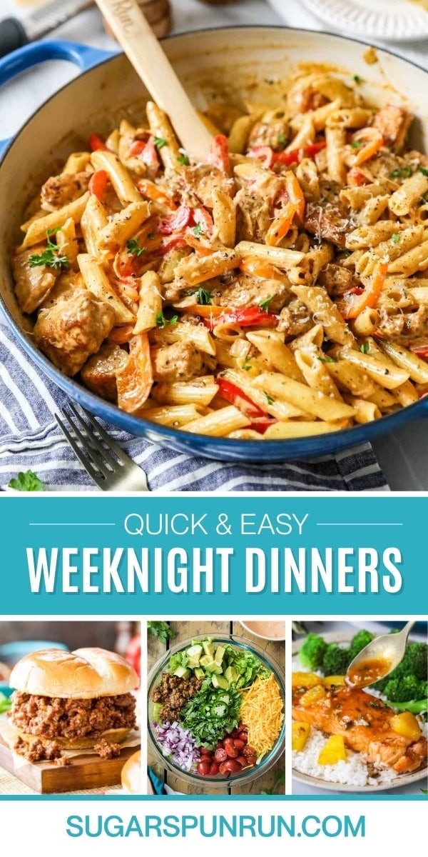 Collage of weeknight dinners including cajun chicken pasta, sloppy joes, taco salad, and maple glazed salmon.
