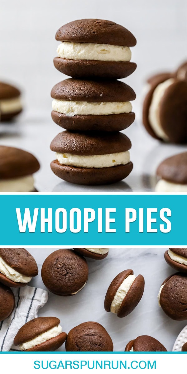 collage of whoopie pies, top image of three cookies stacked, bottom image of multiple whoopies pies on marble slab