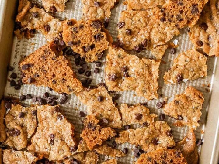 Overhead view of cookie brittle on a baking sheet.