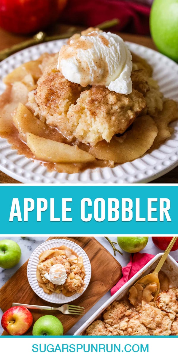 collage of apple cobbler, top image of cobbler on white plate topped with a scoop of ice cream, bottim image same plate photographed from above