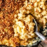 Close-up of creamy, cheesy baked mac and cheese in dish with serving spoon and crispy panko.