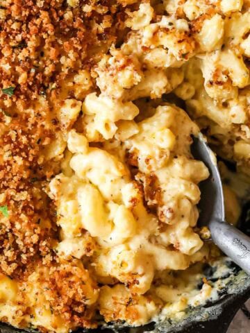 Close-up of creamy, cheesy baked mac and cheese in dish with serving spoon and crispy panko.