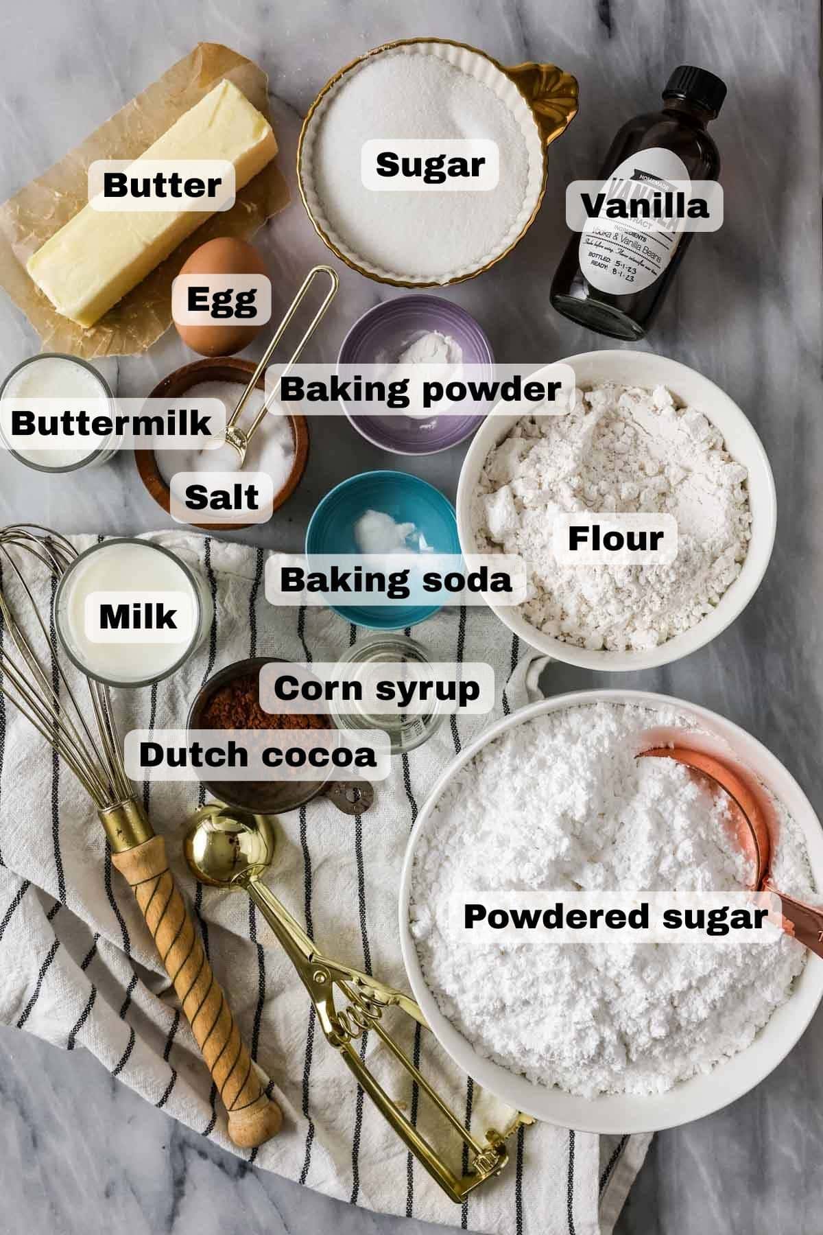 Overhead view of ingredients for my black and white cookie recipe