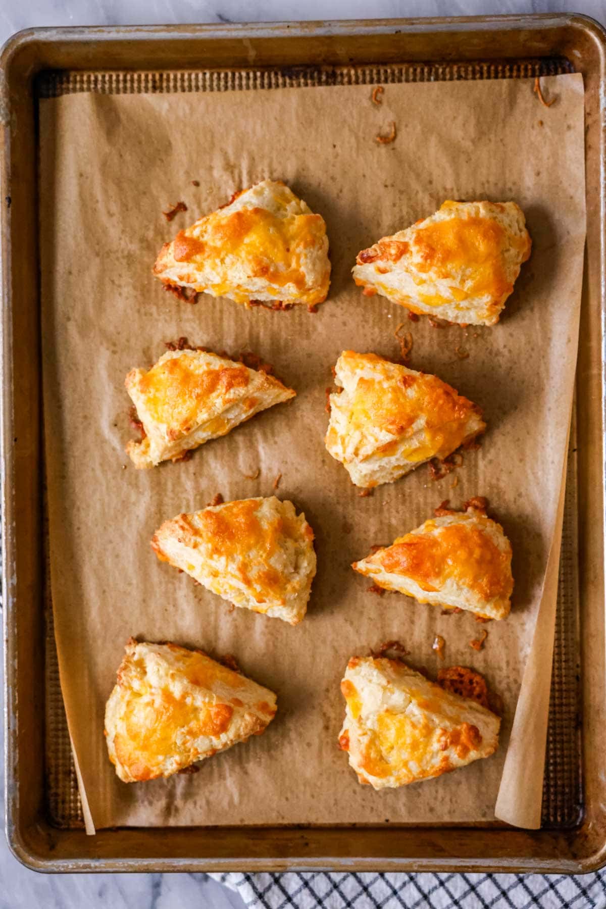 Overhead view of cheese scones on a baking sheet after baking.