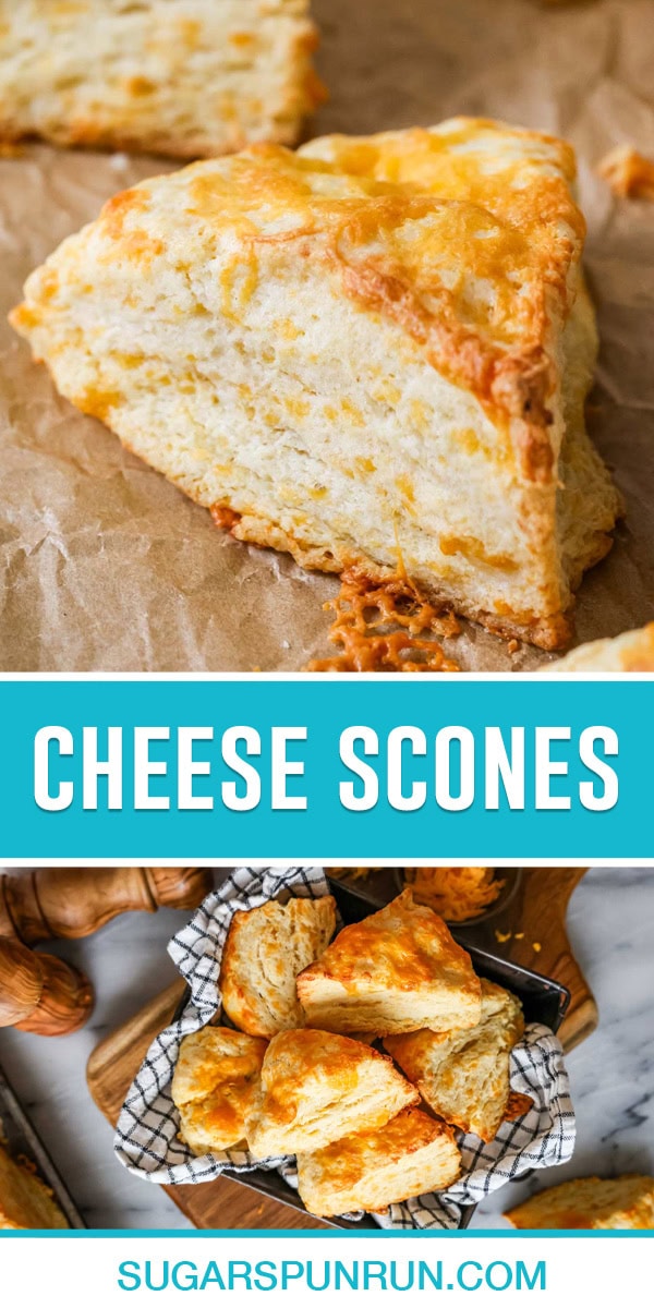 collage of cheese scones, top image close up of single scone, bottom image is a birds eye view of basket filled with cheese scones