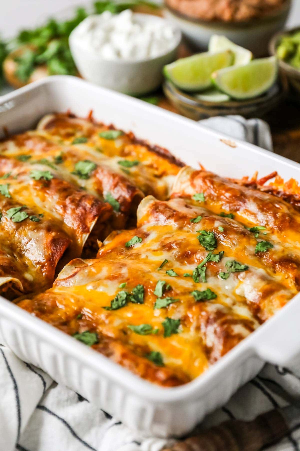 Chicken enchiladas in a white baking dish topped with chopped cilantro.