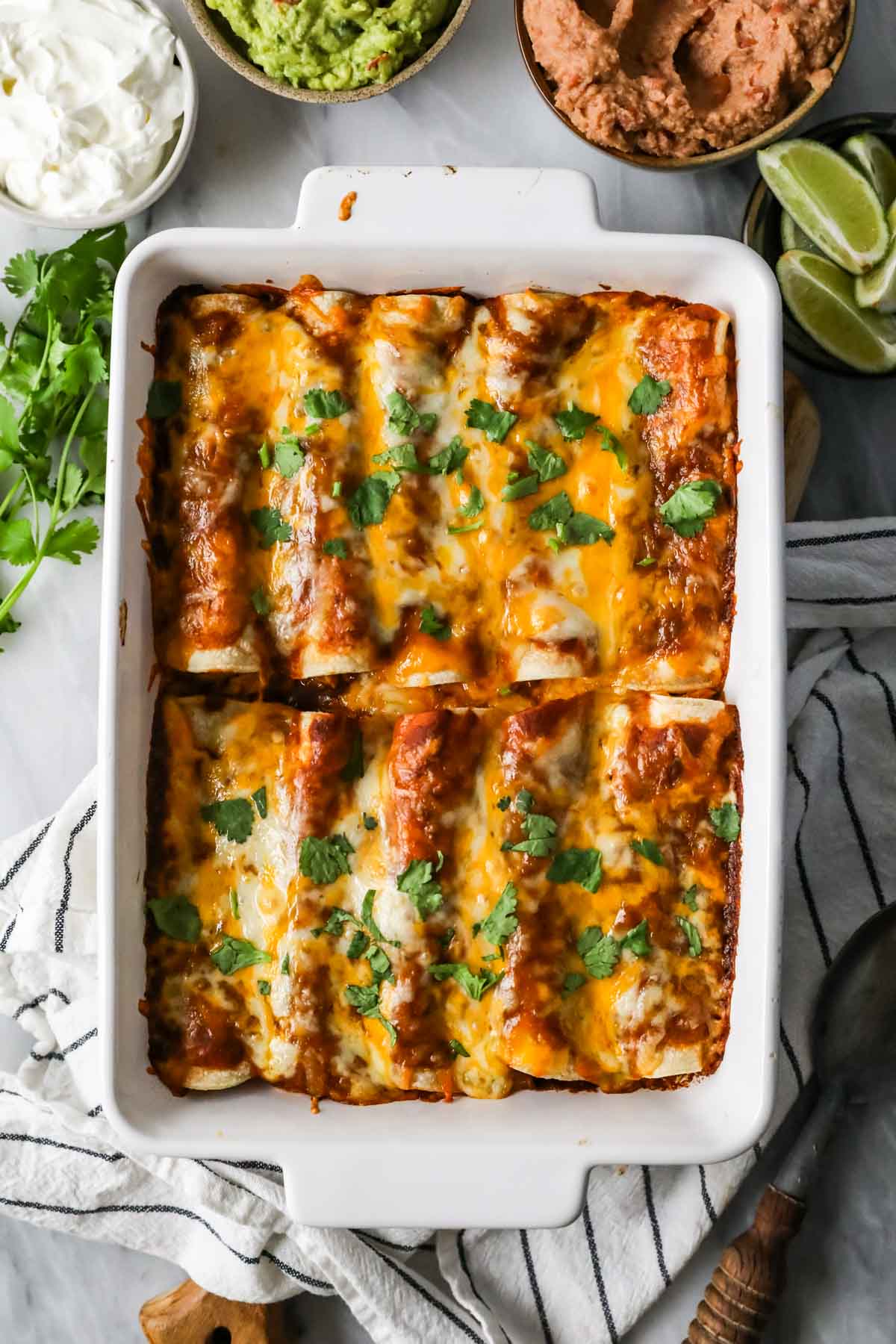 Overhead view of enchiladas after baking.