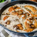 Skillet of creamy mushroom chicken.