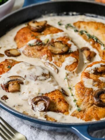 Skillet of creamy mushroom chicken.
