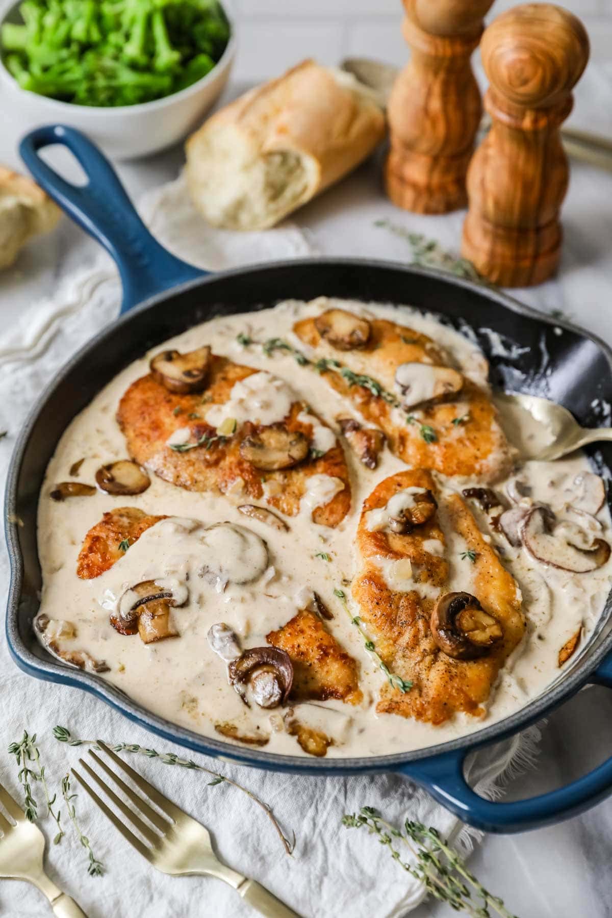 Skillet of creamy mushroom chicken.