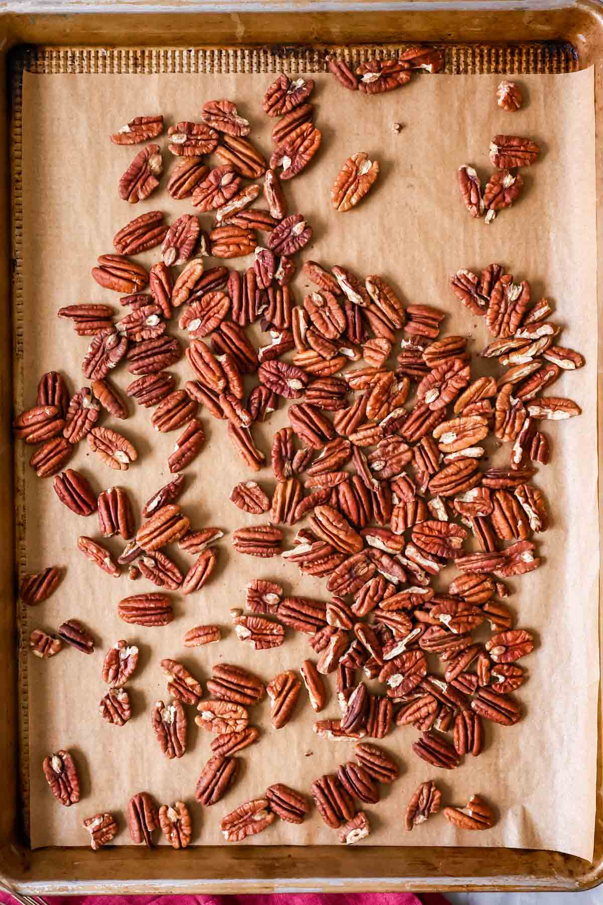 Overhead view of pecans on a baking sheet after toasting.