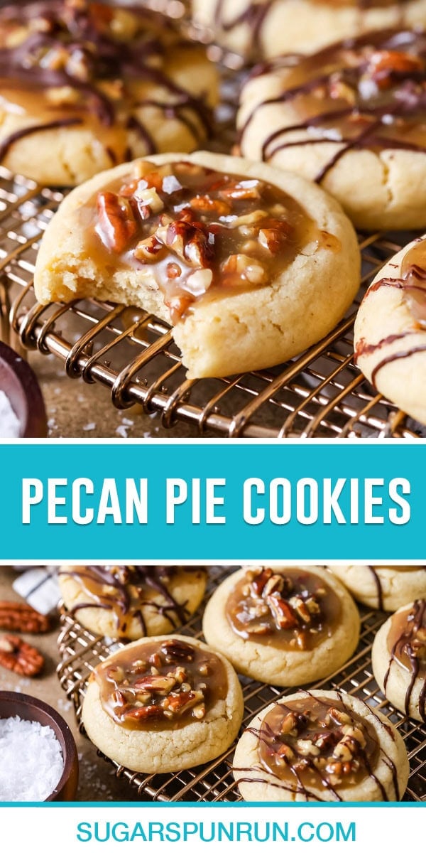 collage of pecan pie cookies, top image is a close up of single cookie with bite taken out, bottom image is a close up of three cookies cooling on gold wire racke