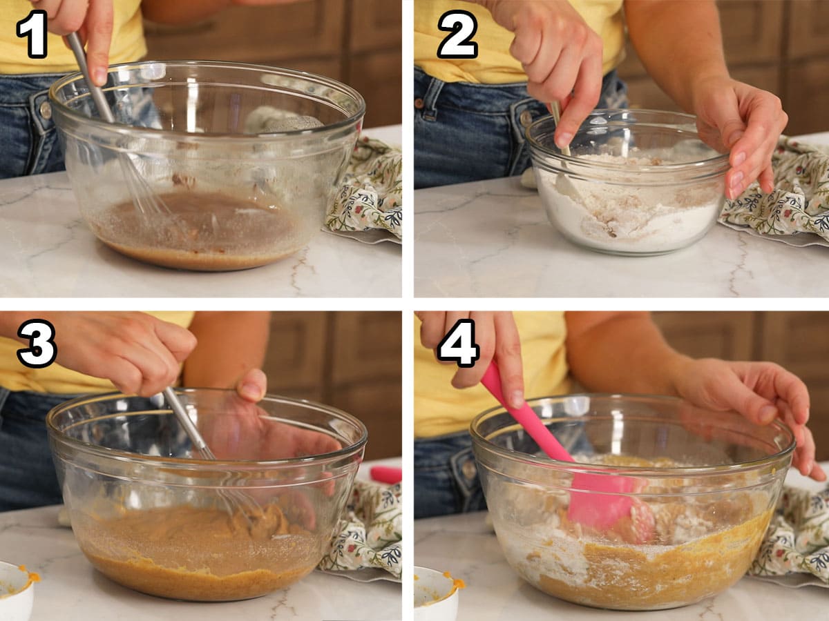 Collage of four photos showing a pumpkin cupcake batter being prepared.