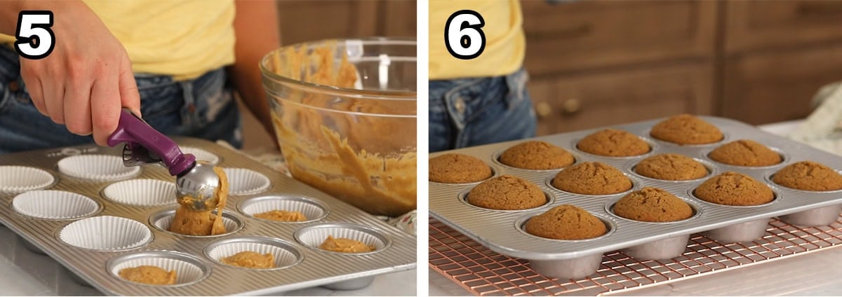 Two photos showing cupcake batter before and after baking.