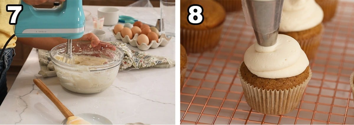 Two photos showing frosting being prepared before being piped over cupcakes.