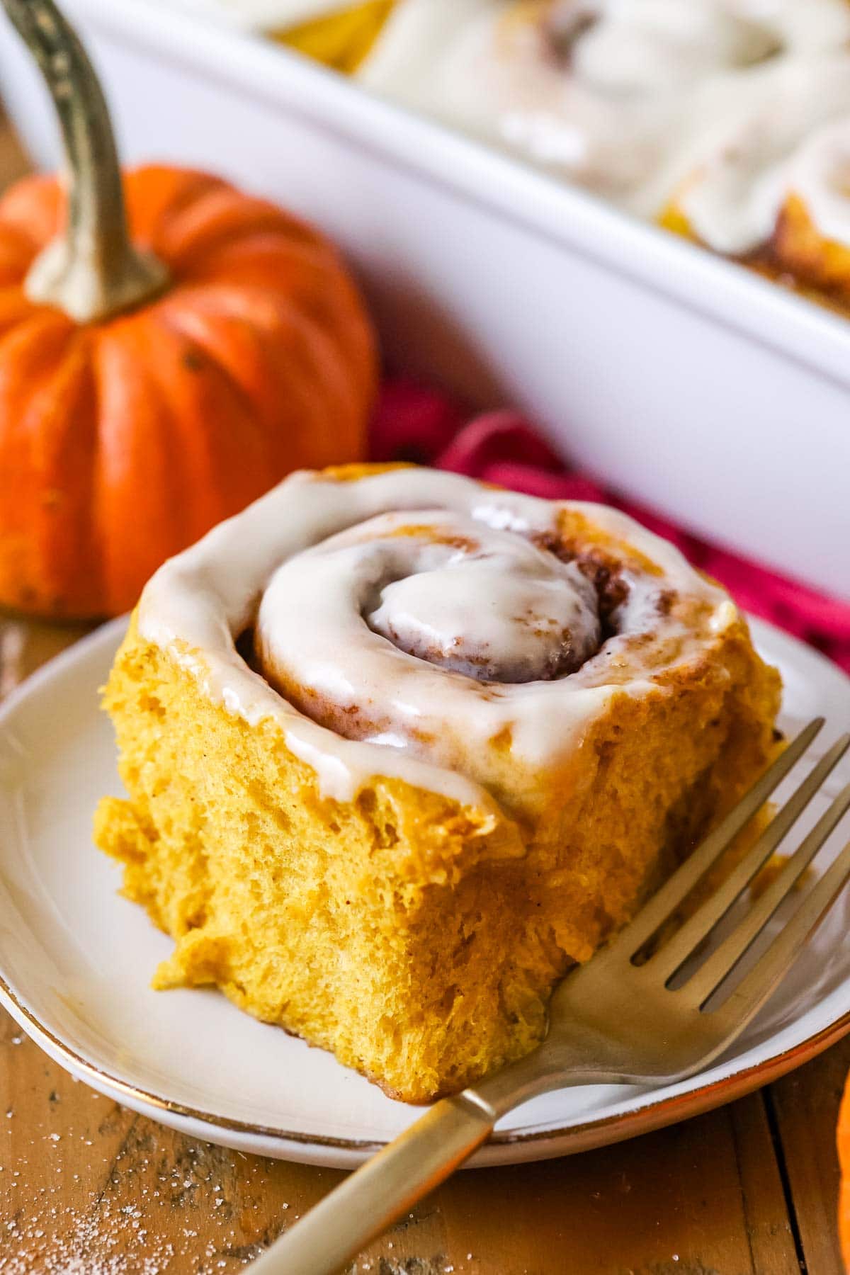 Pumpkin cinnamon roll frosted with cream cheese icing on a plate.