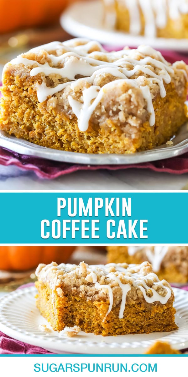 collage of pumpkin coffee cake, top image is a single slice close up, bottom image of single slice with bite taken out