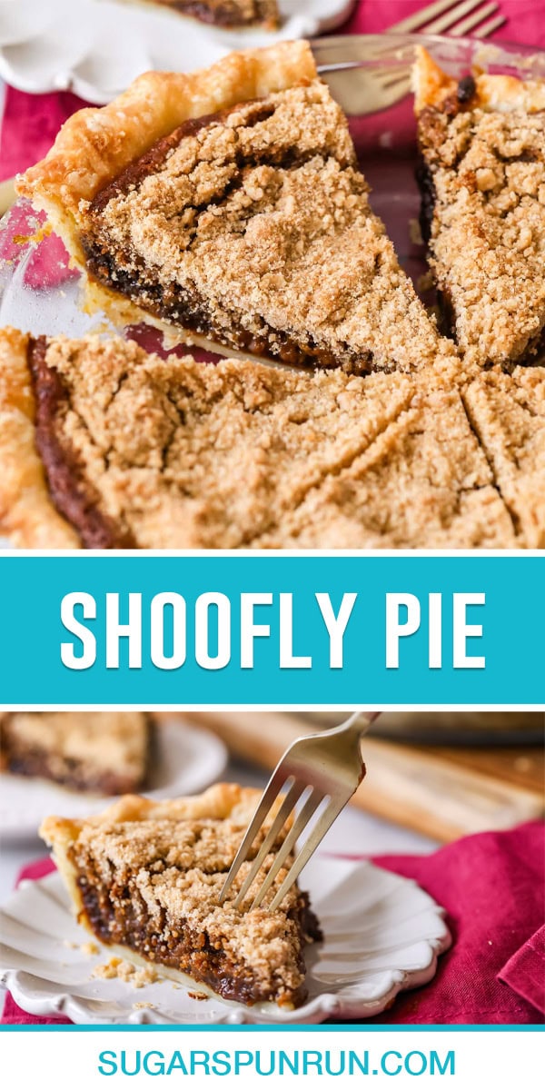 collage image of shoofly pie, top image of full pie sliced, bottom image is a close up of single slice on white plate with fork
