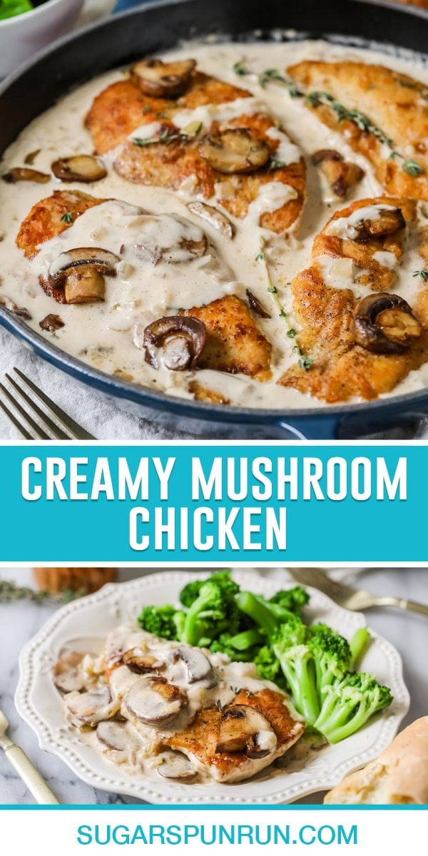 collage of creamy mushroom chicken, top image is a close up of chicken in skillet, bottom image is of chicken being served on white plate with fresh broccoli