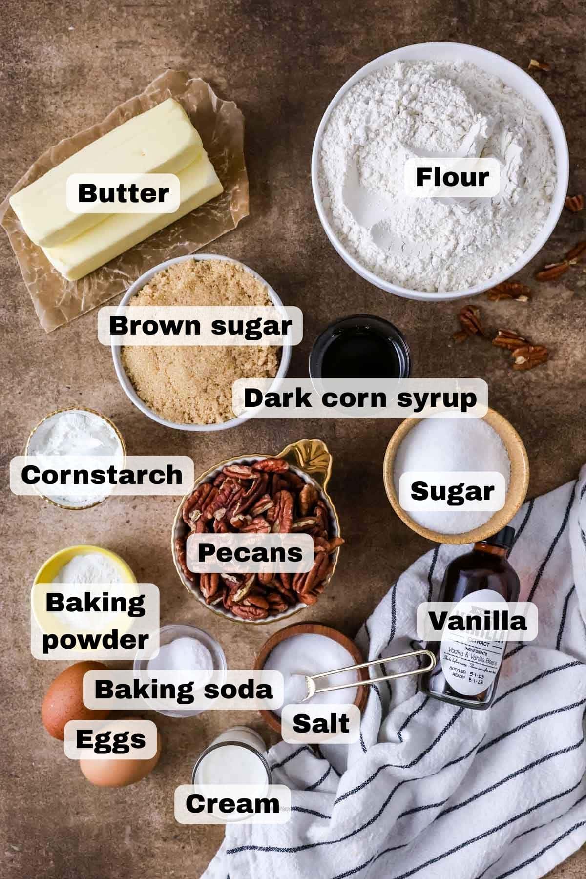 Overhead view of ingredients including brown sugar, pecans, corn syrup, and more.